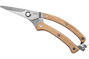 BUGUI Wood Handle Garden Shears, Long Straight Tip, All Steel Construction, Sharp, Well Designed Garden Scissors, 8"