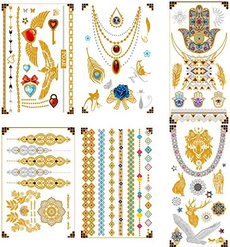 Premium Metallic Temporary Tattoos - 75+ Designs in Gold and Silver fake tattoos - Shimmer Jewelry Henna Tattoo - Wrist and Arm Bands