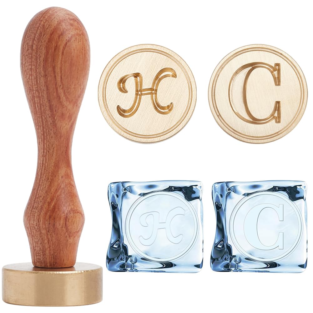 CRASPIRE Letter Ice Stamp Set 2Pcs 1.2" Stamp Heads+1Pc Wooden Handle Initials C H Ice Cube Branding Stamp Removable Brass Replacement for Cocktail Party Whiskey Mojito Drinks Wedding Making DIY