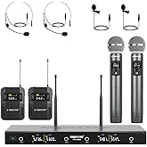 Phenyx Pro Wireless Microphone System, 4-Channel Wireless Mic Set with Handheld/Bodypack/Headset/Lapel Mics, Cordless Microphone for Singing, Karaoke, Church (PTU-5200-2H2B)