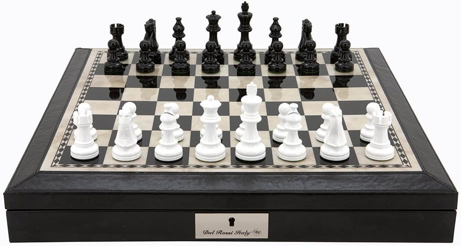 Dal Rossi Italy L2203DR 16" Chess Set Black and White with PU Leather Edge with compartments and Black and White 3.5" Chess Pieces