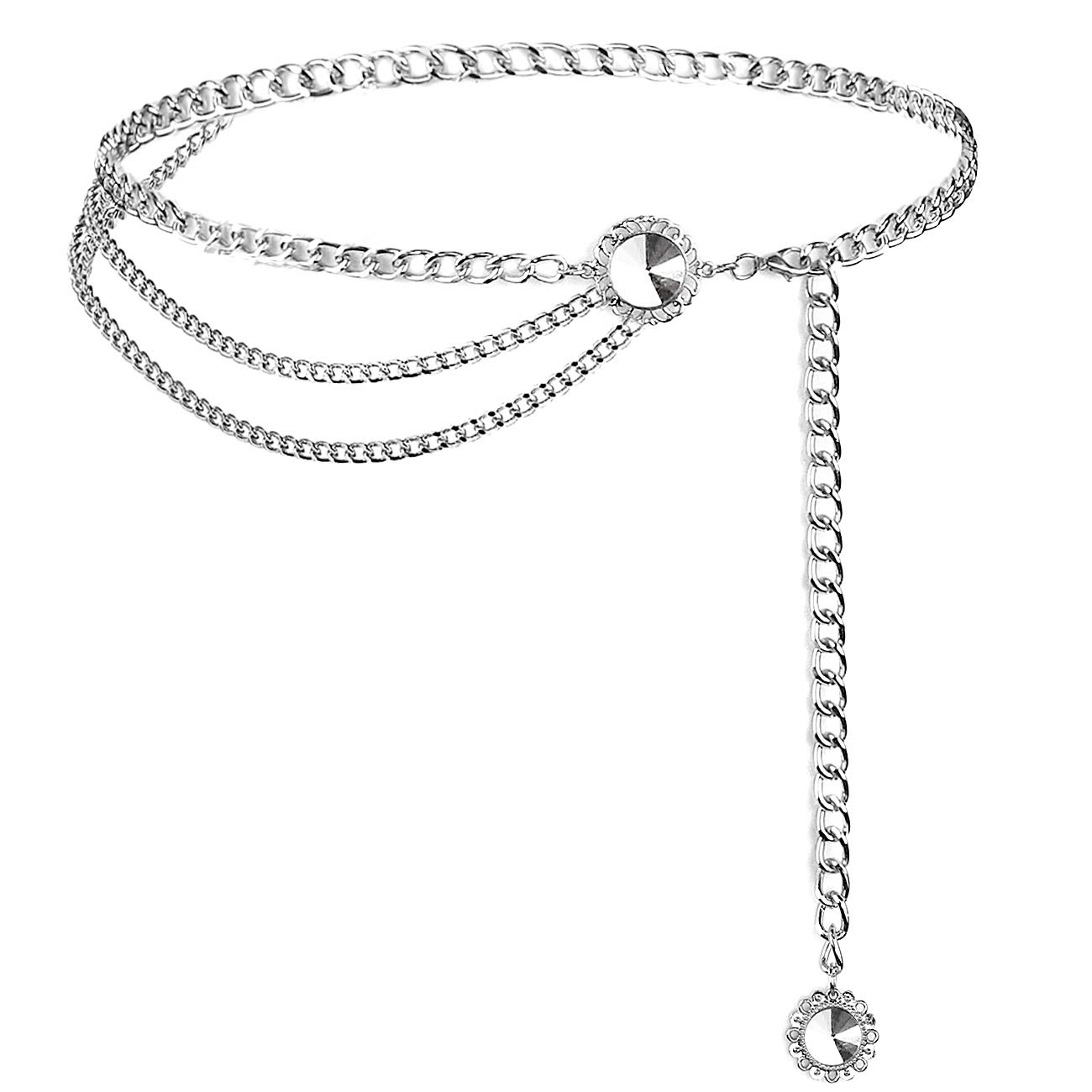 YooAi Chain Belts for Women Multilayer Waist Chain Dress Belt Metal Body Belly Chain Crystal 130cm Silver