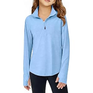 Haloumoning Girls Athletic Long Sleeve Shirts Quarter Zip Quick Dry Tops | Kids Gym Yoga Tees with Thumb Holes 5-14Y, Soft Br