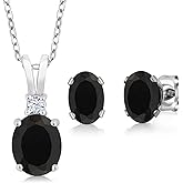 Gem Stone King 925 Sterling Silver Oval Black Onyx Pendant and Earrings Jewelry Set For Women (3.05 Cttw, Gemstone Birthstone, with 18 Inch Silver Chain)