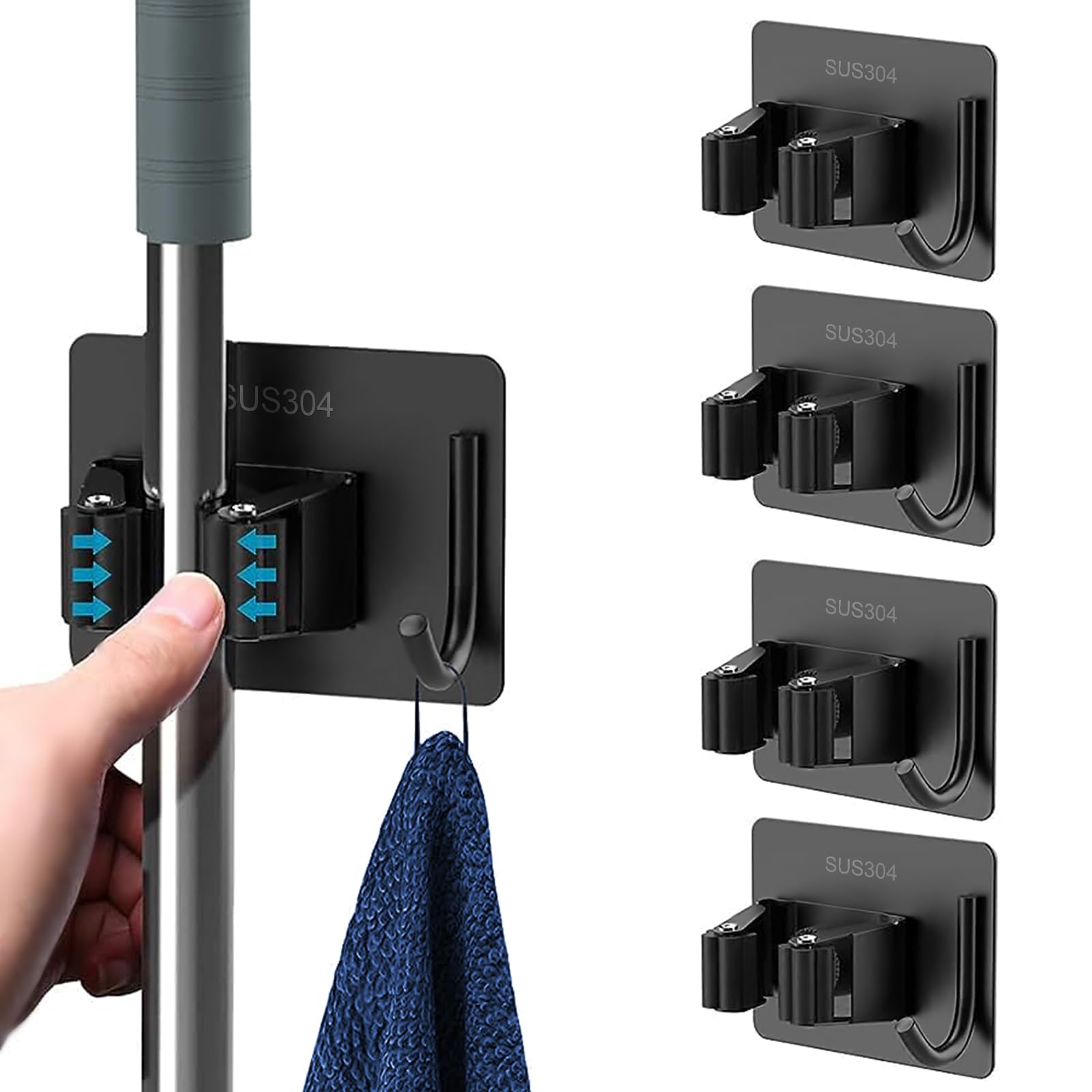 4pcs Broom Holder Wall, Tool Holder, Garden Tool Holder, Broom Holder Wall, Mop Holder Device Holder with Hook for Mop, Broom, Shovel, Tools, Black