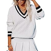 InterNos Women's Casual V Neck Long Sleeve Sweater Trendy Striped Pullover Cable Knit Preppy Sweaters