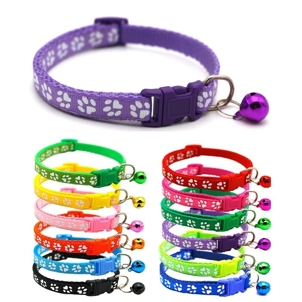 Small Dog Puppy Pet Collar Pawprint Design with Bell Nylon Adjustable Size 19-32cm Purple — image 1