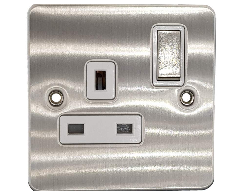 Klite 13A Single 1 Gang DP Switch Socket Flat Plate Brushed Chrome White Insert Metal Rocker SwitchesQ