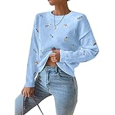 chouyatou Women's Ditsy Floral Embroidered Pullover Sweater Color Block Loose Fit Knit Jumper Tops