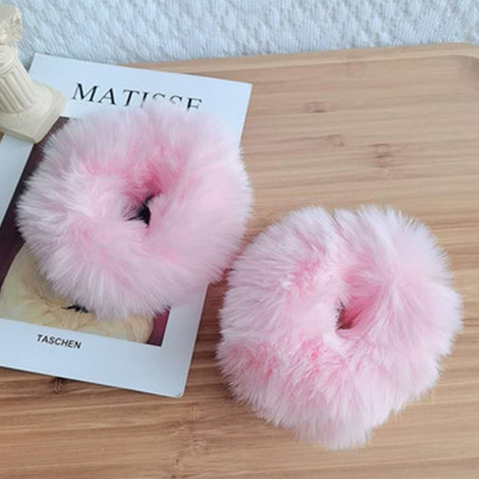 Photo 1 of 2 PCS Furry Scrunchies with Faux Rabbit Fur - Cute Elastic Bobbles, Ponytail Holders for Girls & Women (Pink)