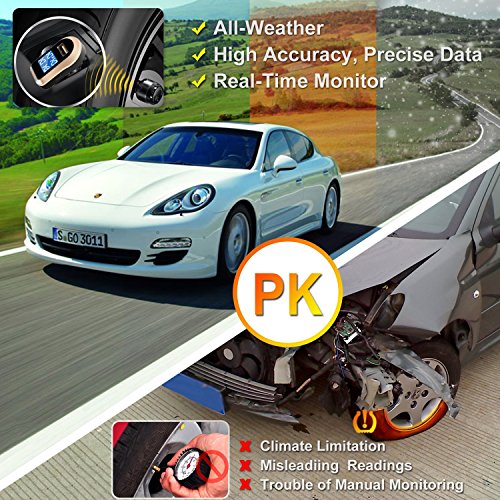 Vesafe Wireless Tire Pressure Monitoring System (TPMS), with 4 External Cap sensors. (Cigarette Lighter Plug with 2A Charging) (Color)
