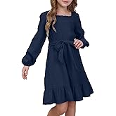 blibean Girls Cotton Long Sleeve Dresses Ruffled Semi Formal Dress Size 6-15 Years