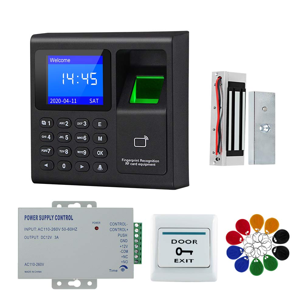 FTSTech Card Password Fingerprint RFID Door Access Control System Kit, Home Security Proximity Door Entry Keypad,10 Key Fobs,EXIT Button, (60kg Magnetic Lock)
