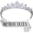 Jorsnovs Birthday Queen Sash and Tiara Set Zircon Silver Crown Girl Birthday Gift Headband CZ Princess Hair Accessories