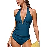 CUPSHE Women's Tankini Sets Plunging Neck V-Wire Two Piece Swimsuit High Waisted Swimwear Halter Straps Ruched