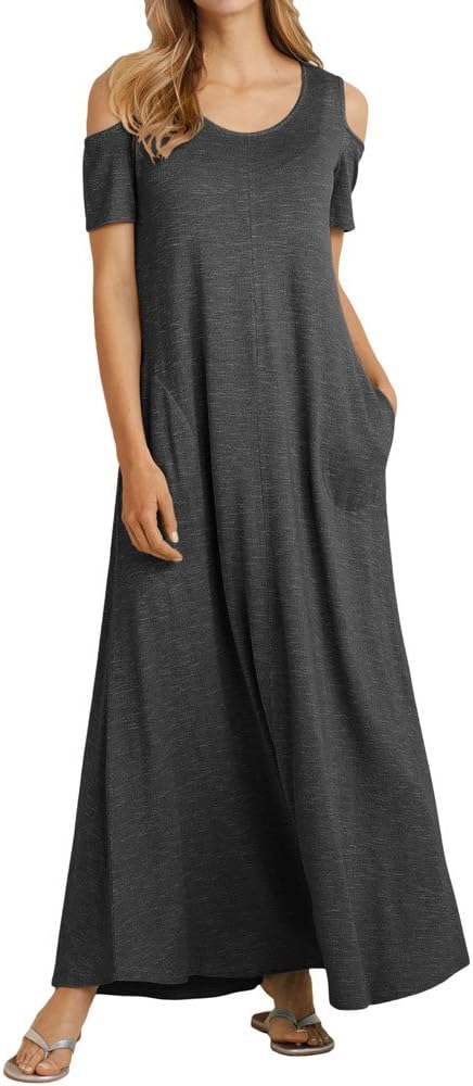 Alaster Queen Women’s Cold Shoulder Short Sleeve Loose Dress Casual Summer Long Maxi Dress with Pockets …
