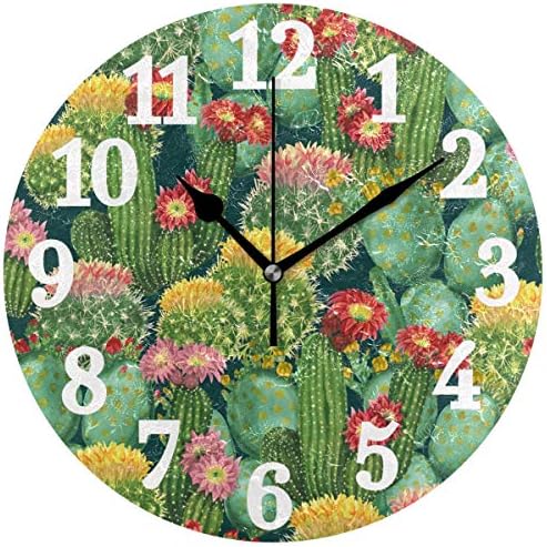 Wihve トロピカルブルーミングサボテンの花 ラウンドウォールクロック 装飾木製クロック チク音なし ホームデコレーション