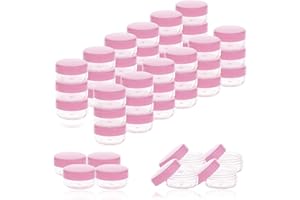 ZEJIA 5 Gram Sample Containers with Lids, Mini Makeup Containers, Empty Plastic Travel Cosmetic Containers with Labels(50 Count, Pink Lid)