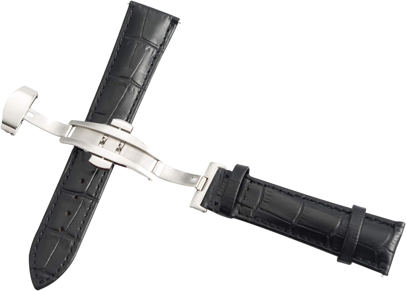 22mm Black Watch Band Calf Leather Watch Strap Quick Release Replacement Wristband with Deployment Clasp
