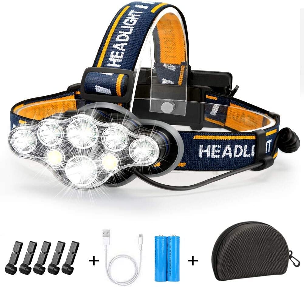 Hyted Head Torch Rechargeable, Super Bright 18000 Lumens Headlight, Waterproof with Red Warning Lights Headlamp, 8 LED 8 Modes Led Head Torch for Cycling Running Camping