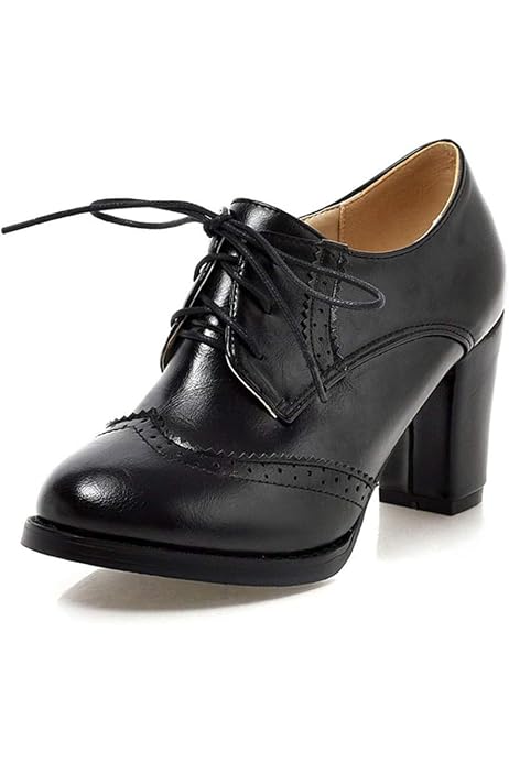Dear Time Block Heels Wingtip Oxfords Vintage PU Leather Brogue Shoes Woman