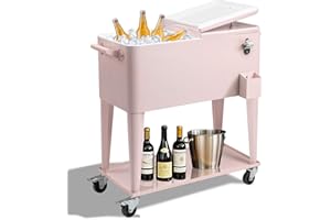 Outvita 80 Quart Rolling Ice Chest, Portable Bar Drink Cooler with Catch Basin, Bottom Storage Tray and Bottle Opener for Patio Party BBQ Beach Activities