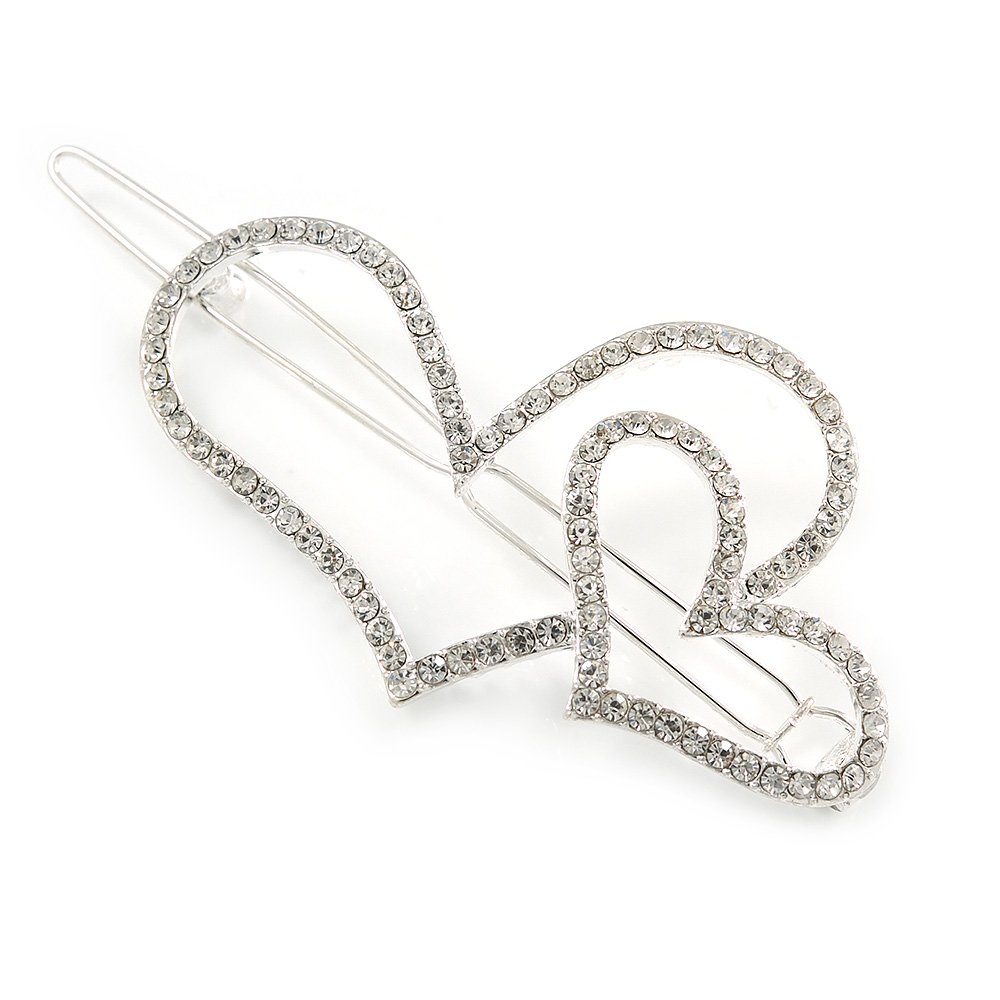 Silver Plated Clear Crystal Open Double Heart Hair Slide/Grip - 75mm Across