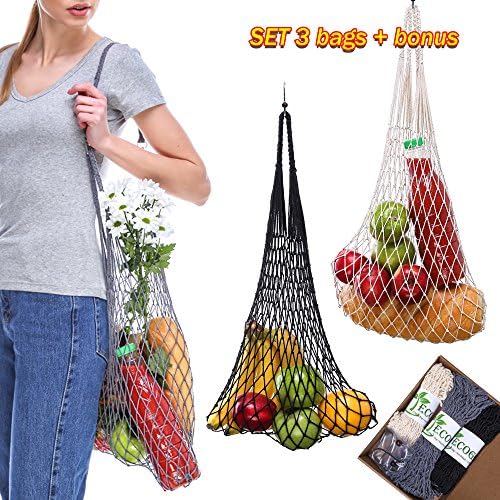 HANDMADE Cotton net market reusable String bag Set Organic Grocery Cotton Mesh Bags in 8 Color Variations with Hooks for Shopping Beach Sport (Natural, Grey, Black)
