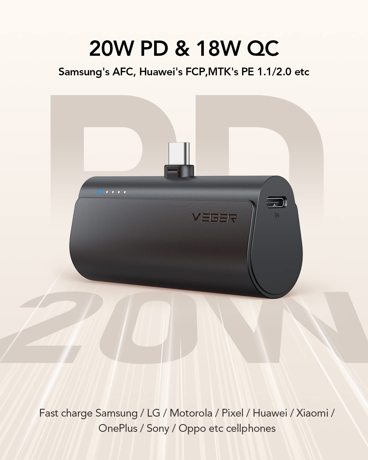 VEGER 2 Packs of USB C Portable Chargers, 5000mAh Power Bank Fast Charge Cordless Battery Pack Compatible for iPhone 15/16/16 Plus/16 Pro/16 Pro Max, Samsung Galaxy S25/S24/S23 Android