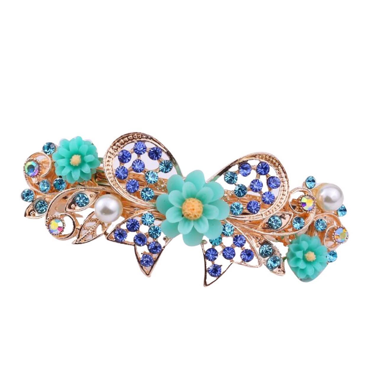 Crystal Flower Hair Barrettes Vintage Butterfly Rhinestone French Spring Clasp Claws Pearl Hair Clips Accessories for Women Girls Teens (Blue)