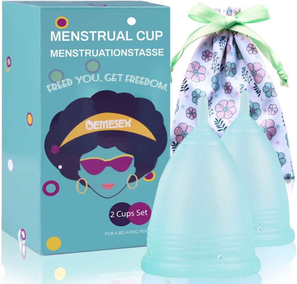 Menstrual Cup (1Large + 1Small Cup + 1Storage Bag) Period Cup for Heavy&Light Flow Soft and Reusable Moon Cup HQ Silicone Tampons and Pads Alternative, Blue …