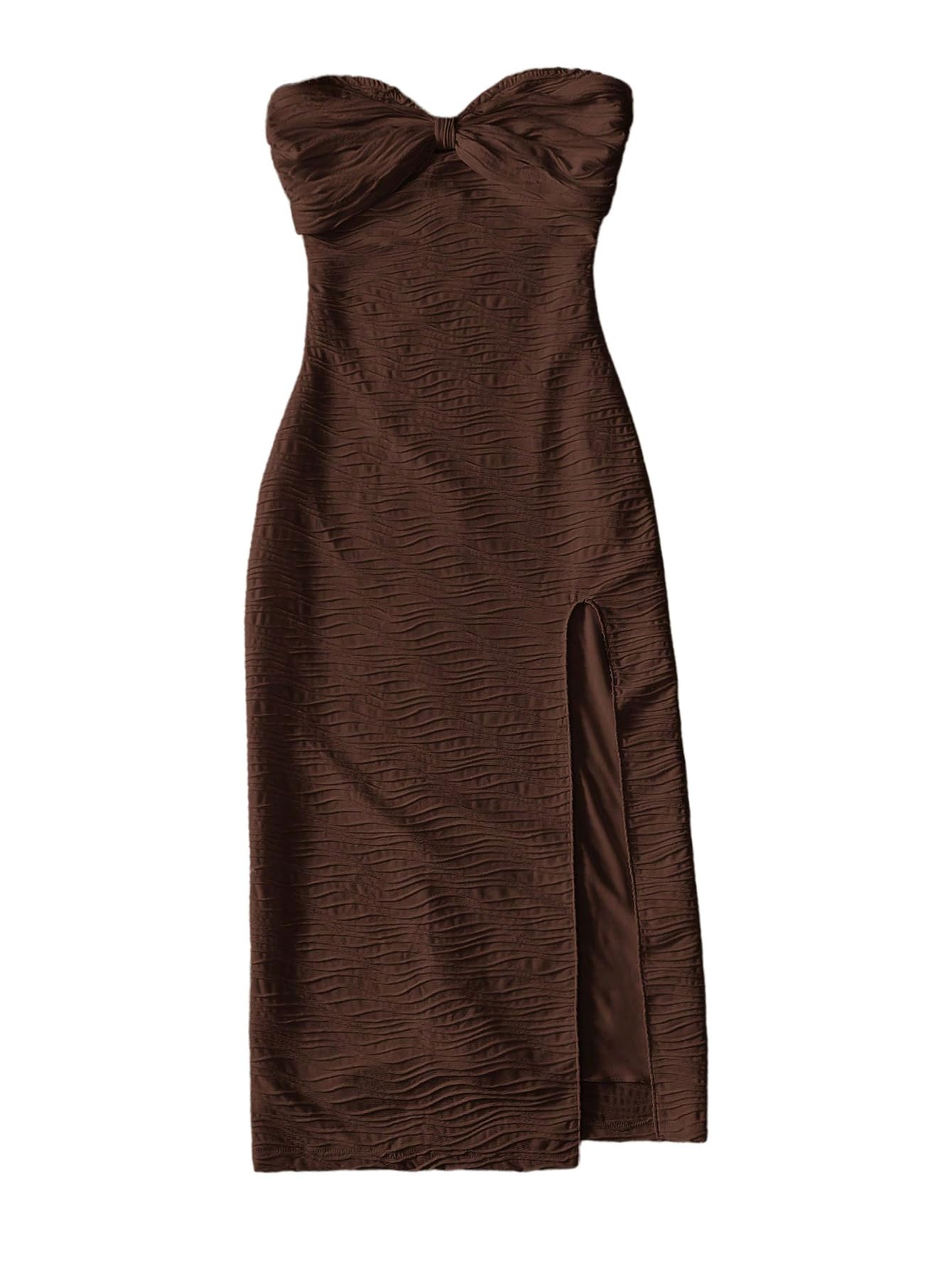 Photo 1 of SHENHE Women's Knit Bodycon Dress Strapless Split Hem Knot Front Textured Summer Party Long Tube Dresses Coffee Brown Large
