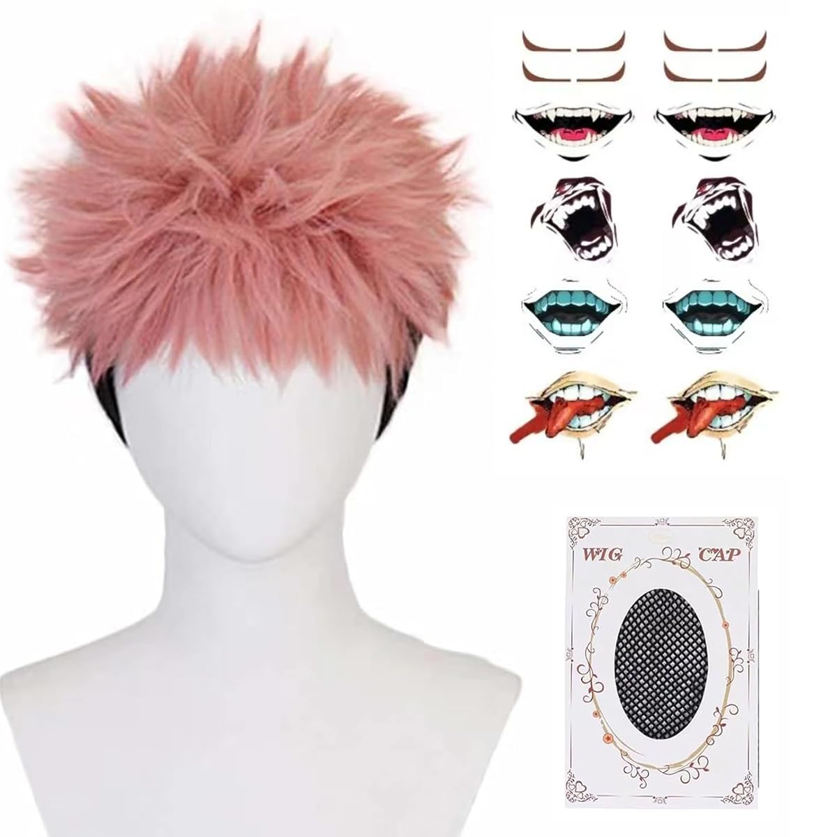 Photo 1 of *WIG ONLY** Pink and Black Wig for Yuji Cosplay Short Anime Wig with Tattoo Synthetic Heat Resistant Costume Hair Halloween Party Wig with Cap