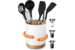 LoeJan 3 Compartment Utensil Holder, 7.2” Extra Large Utensil Crock, Stable Ceramic Utensil Organizer, Cooking Tool Organizer Set for Kitchen Counter Farmhouse Decor (White (Grossy))