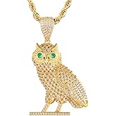 PY BLING Full Iced Out Owl Pendant 18K Gold/White Gold Plated Hip Hop Fashion Simulated Diamond CZ Pendant with Stainless Steel Rope Chain Necklace for Men Women