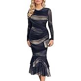 Besshopie Women's Tie Dye Long Sleeve Ruched Dresses Layered Ruffle Hem Party Cocktail Bodycon Dress for Wedding Guest
