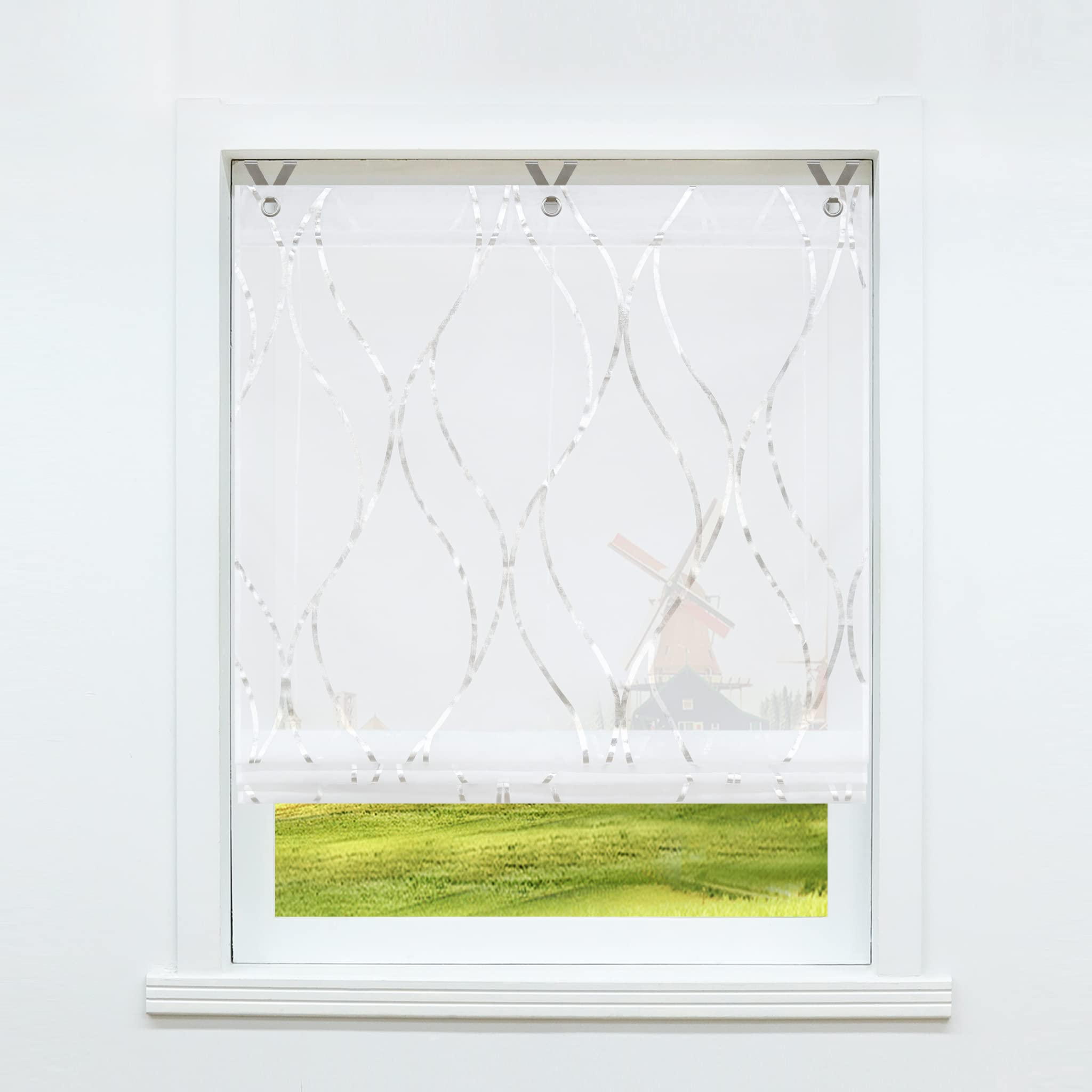 CORLIF Roman Blind with Eyelets Curtains Kitchen Roman Curtains Transparent Eyelet Roller Blind Curtains with Wave Print Modern Voile Silver W x H 120 x 130 cm 1 Piece