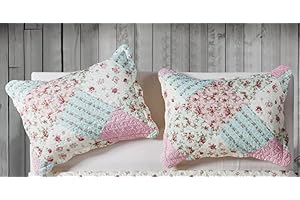Brilliant Sunshine Pink and Green Rose Patchwork Pillowshams Set, Quilted Standard Pillowcases, 20x26 with 2" Flange, Scalloped Edge Pillow Covers, Pack of 2, Pink Green