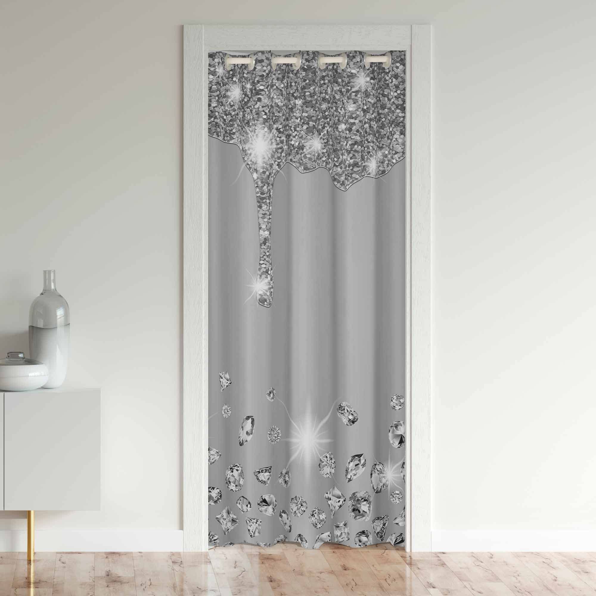 Loussiesd Glitter Door Curtain For Doorway Privacy-Diamond Closet Door Cover For Bedroom&Living Room-Silver Shiny30%-50% Room Darkening Blackout Insulated Thermal Curtain-132x203cm-1Panel