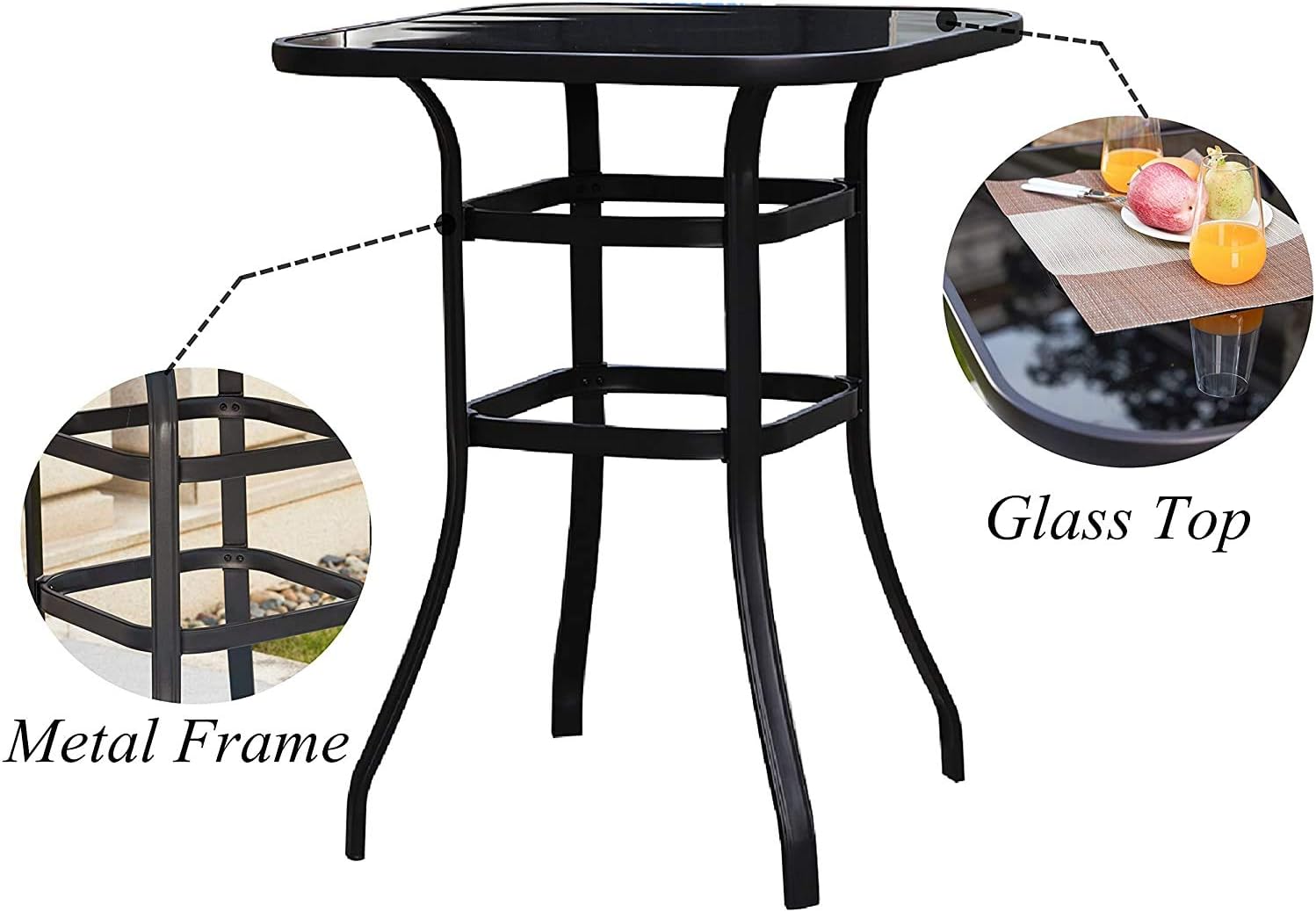 LOKATSE HOME Patio Bar Height Table Square Tempered Glass Metal Frame Outdoor Bistro High Top Black L x 31.5" W x 41.2" H: Garden & Outdoor