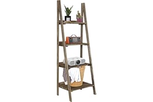 ECOMEX 4 Tier Ladder Shelf, Wooden Ladder Shelf 4 Tier Bookshelf Rustic Ladder Shelf Freestanding Storage Rack for Home Bedroom Office, Non-Foldable Brown