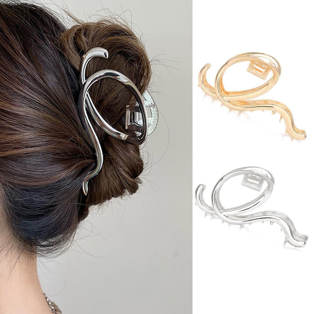 Cubahop 2PCS Metal Hair Claw Clips Barrettes Musical Note Pearl Irregular Large Shark Clamp Gold Silver Wave Non-Slip Hair Styling Accessories for Women (Color B, One size)