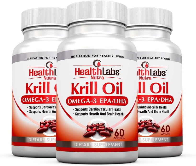 Health Labs Nutra Omega 3 Krill Oil 1000mg per Serving (2 softgels) Highest Concentration of Omega-3's, 6'S 9'S DHA/EPA (Pack of 3) 3-Month Supply