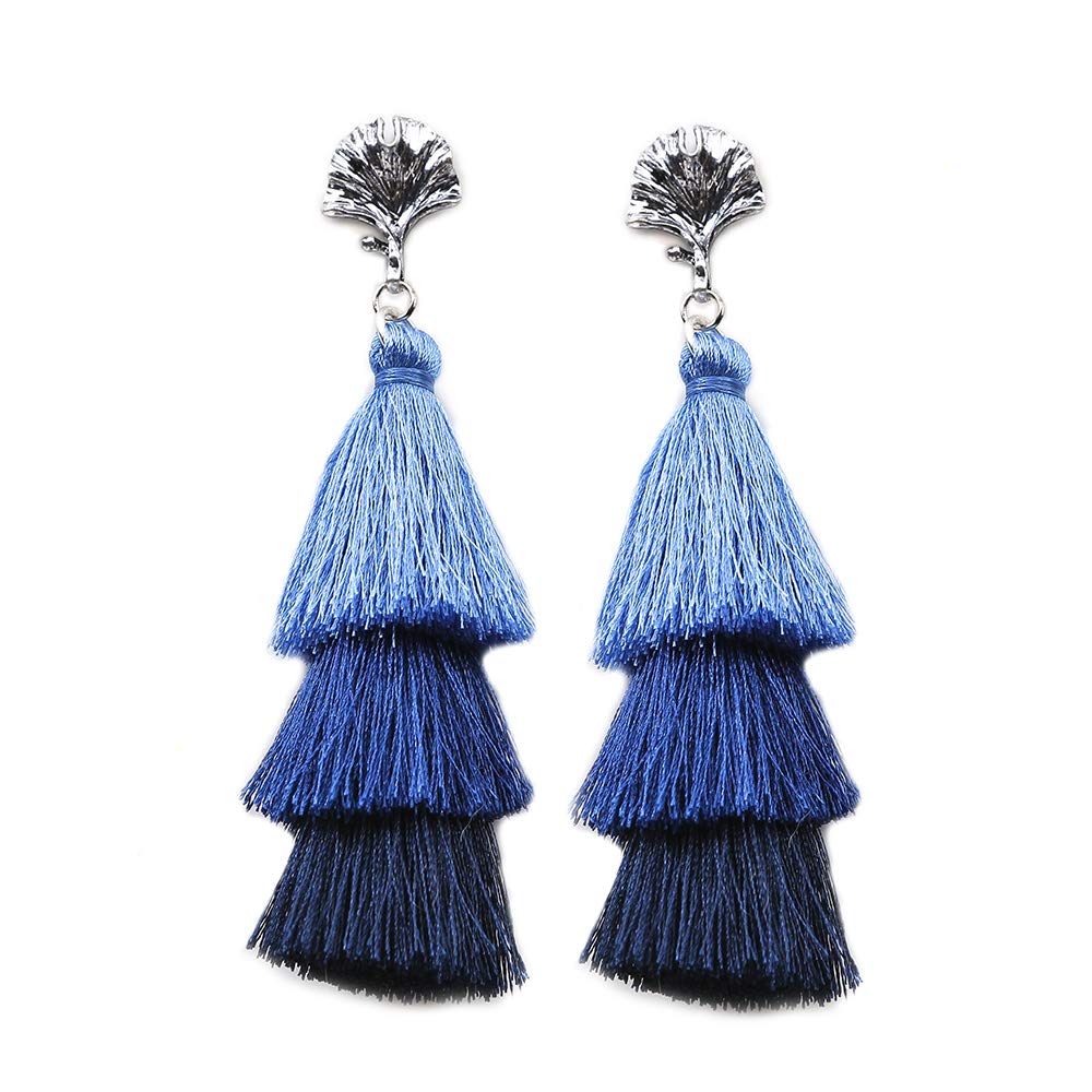 MVCOLEDY Women\'s Tassels Dangle Earrings Handmade Colorful Layered Tassel Elegant Jewellery Bohemian Style Ethnic Eardrop Drop Tiered Tassel Druzy Stud Earrings Women Gifts (Blue Ombre)
