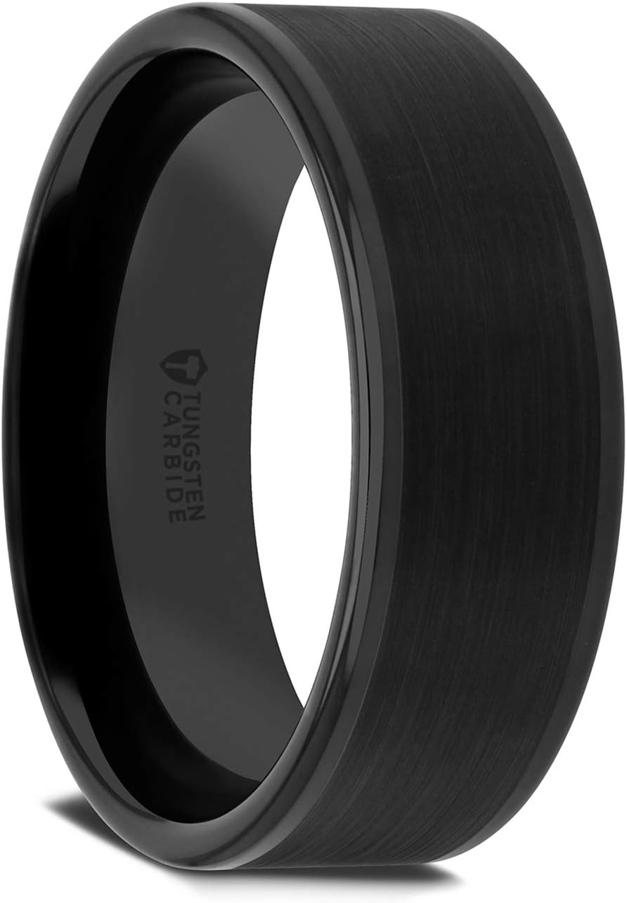 Thorsten Vulcan | Tungsten Rings for Men | Carbide | Comfort Fit | Custom Engraving | Flat Black Wedding Ring Band with Matte Brushed Finish Polished Edges - 6mm