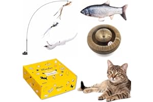KOTYA Curated Cat Toys Box 5-in-1 Interactive Cat Toys Includes Cat Wand Toy with 3 Replacement Birds, Cat Fish Toy, Cat Ball Toy and Scratcher, for Cat Birthday, Thanksgiving, Christmas