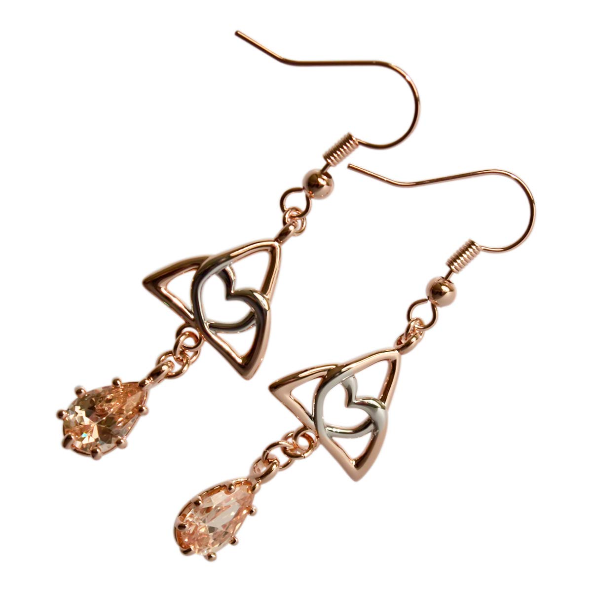 GWG Jewellery 18K Rose Gold Coated Celtic Trinity Knot Formed of White Gold Coated Inner Heart and Champagne Pear Crystal Dangling 2 Tone Earrings in Gift Box for Women