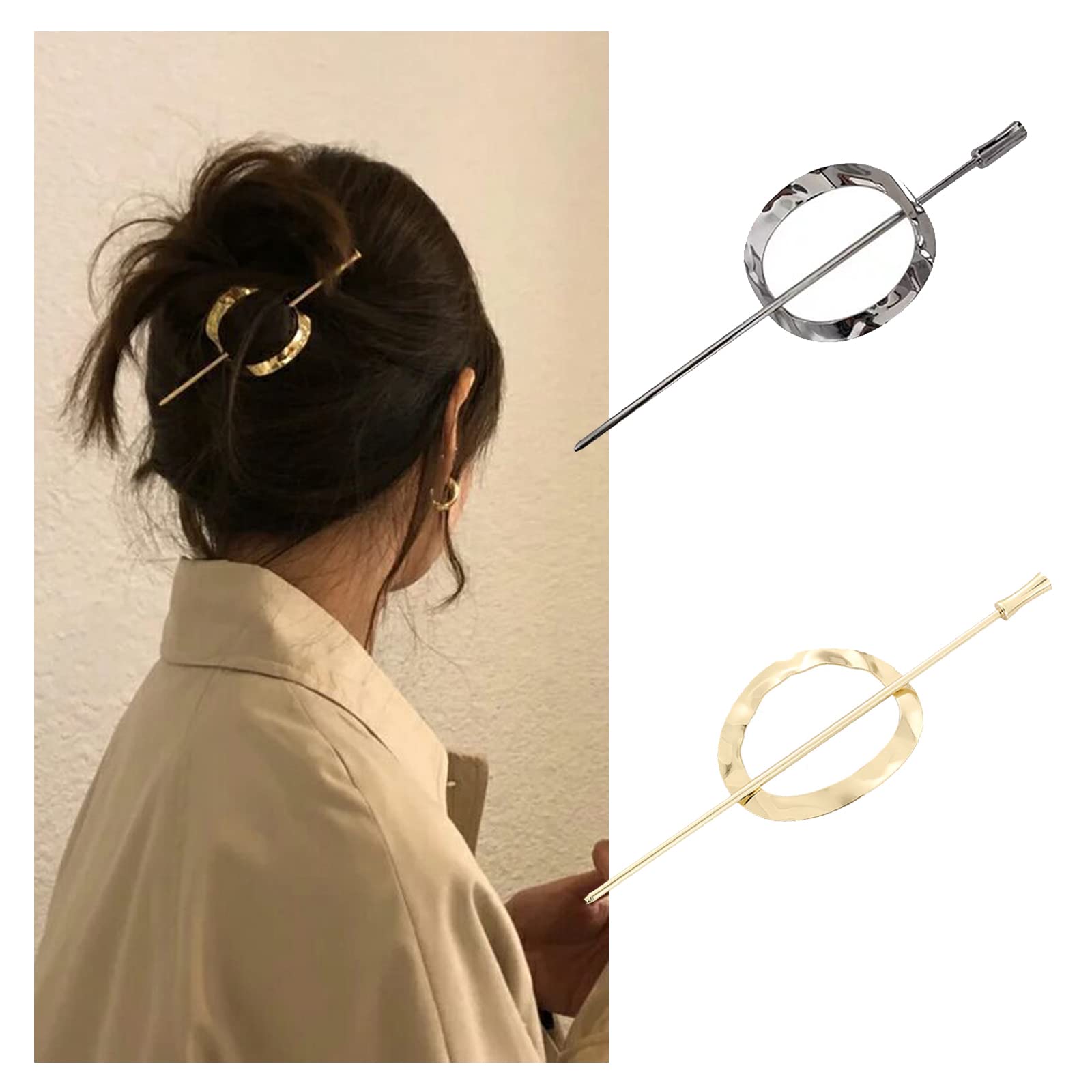 2PCS Chinese Hair Sticks Barrette Vintage Metal Hair Clips Minimalist Circle Hair Pins Norse Celtic Women Hair Accessories (Gold, Silver)