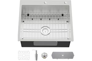 KOARDINK Stainless Steel Drop In Kitchen And Bar Sink - 25x22 Inch Single Bowl Topmount Bar Sink Come With SS Grid,Silicon Mat,Drain Strainer Set