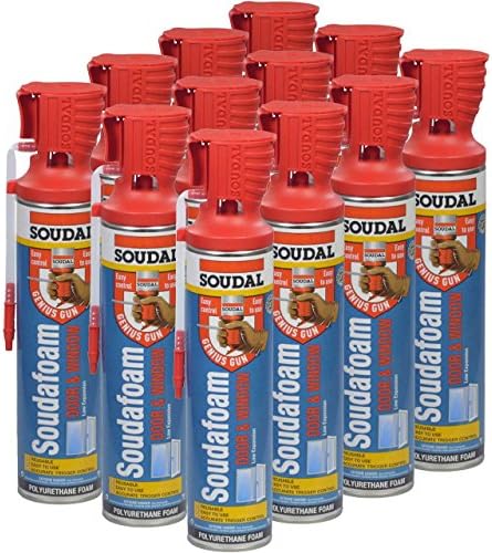 Soudafoam Door &amp; Window Foam, Minimal Expansion, 20 oz, Patented Reusable Straw System with Gloves in Cap, Case of 12